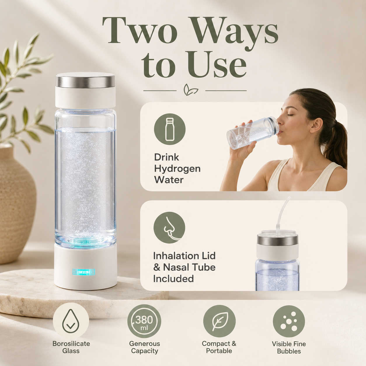 380ml Hydrogen Water Bottle Generator | 1000–2000 PPB, 3 & 10-Minute Cycles, USB-C, Self-Cleaning and Inhalation Kit