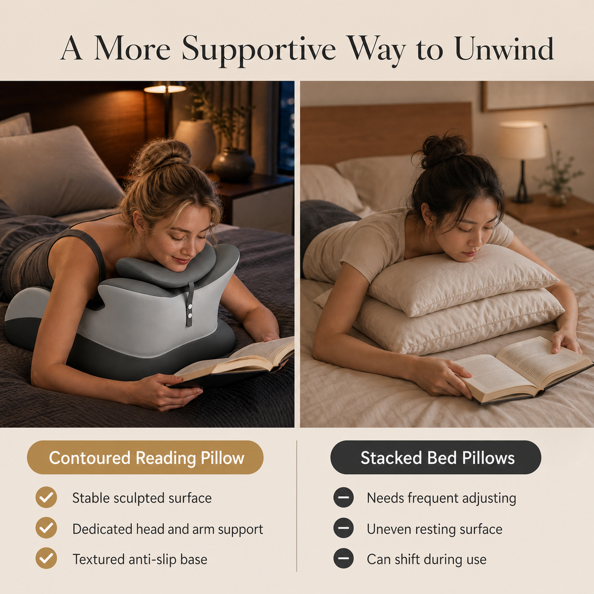 Memory Foam Prone Reading Pillow with Removable Headrest