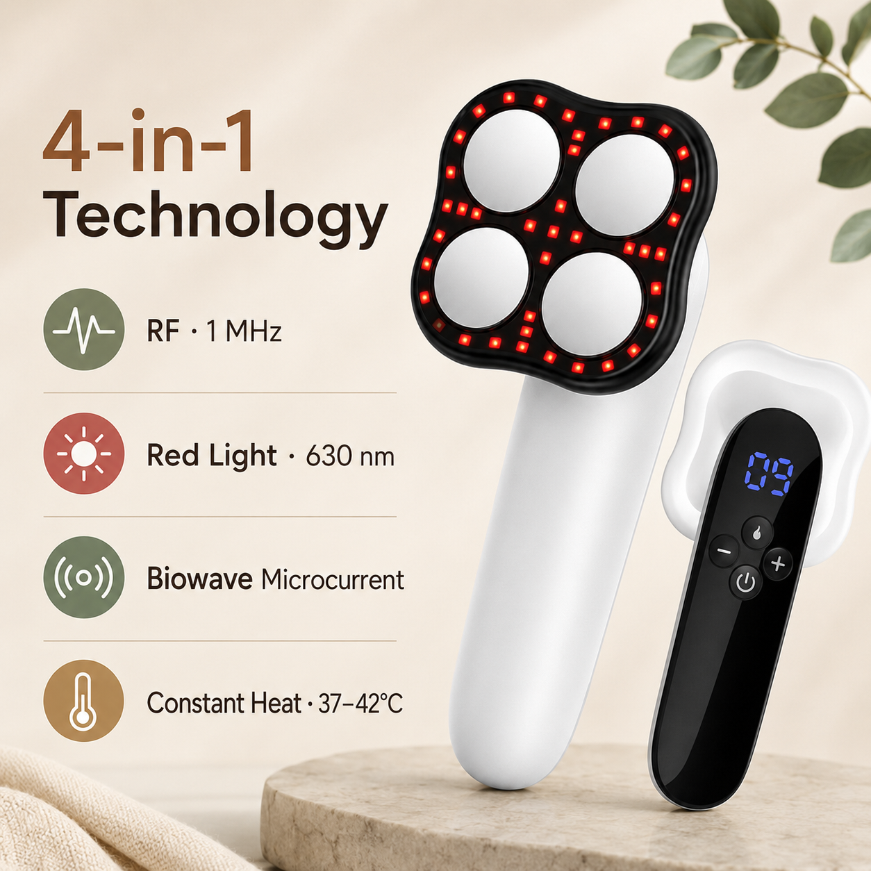 4-in-1 RF Body Massager with 630nm Red Light | Microcurrent, 37–42°C Heat, 3 Modes, 10 Intensities & USB-C Rechargeable