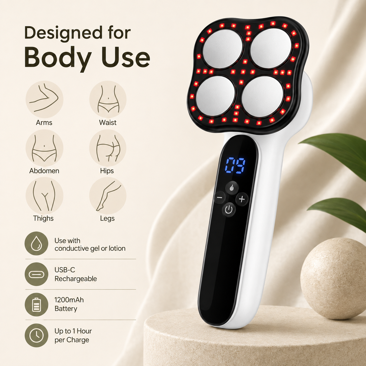4-in-1 RF Body Massager with 630nm Red Light | Microcurrent, 37–42°C Heat, 3 Modes, 10 Intensities & USB-C Rechargeable
