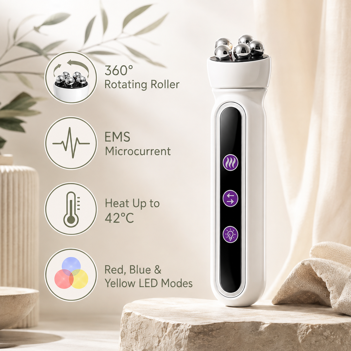 Electric Facial Roller with EMS, Heat and LED Modes