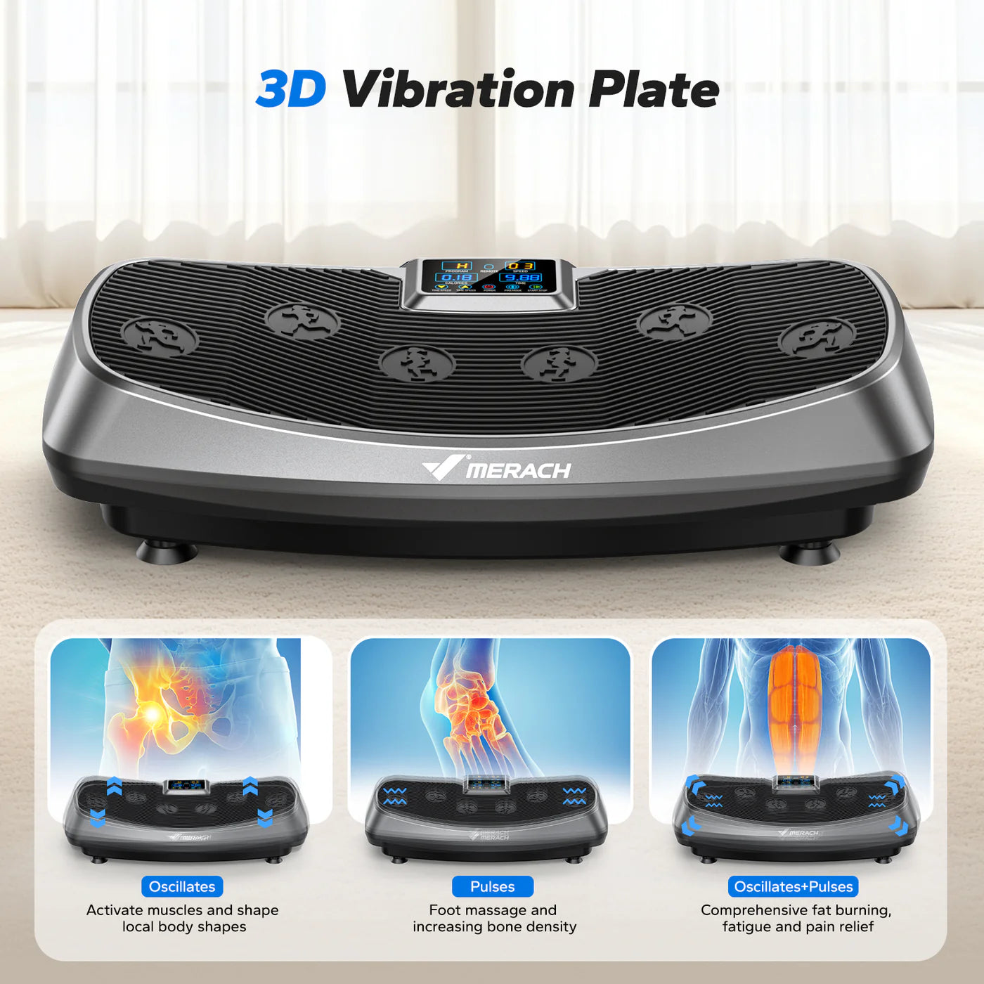 3D Vibration Plate Exercise Machine | Oscillation and Pulse Modes, 30 Speeds, LED Touchscreen & Resistance Bands