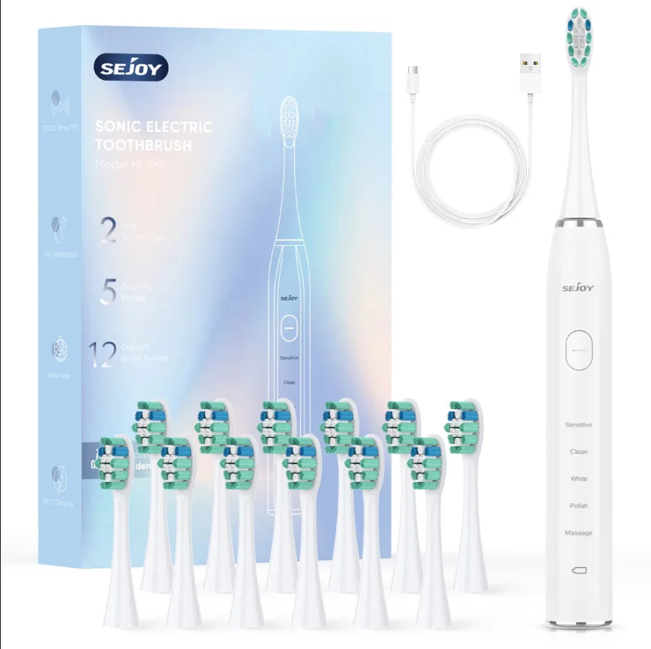 Sonic Electric Toothbrush | 37,200 Vibrations/min Deep Clean | 5 Modes, 12 Brush Heads, 30-Day Battery | Dentist-Level Oral Care & Travel-Friendly Design White