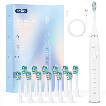 Sonic Electric Toothbrush | 37,200 Vibrations/min Deep Clean | 5 Modes, 12 Brush Heads, 30-Day Battery | Dentist-Level Oral Care & Travel-Friendly Design White